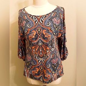 Lux II Blue Orange Paisley Print SZ M Boho Chic Festival Cold Shoulder Top